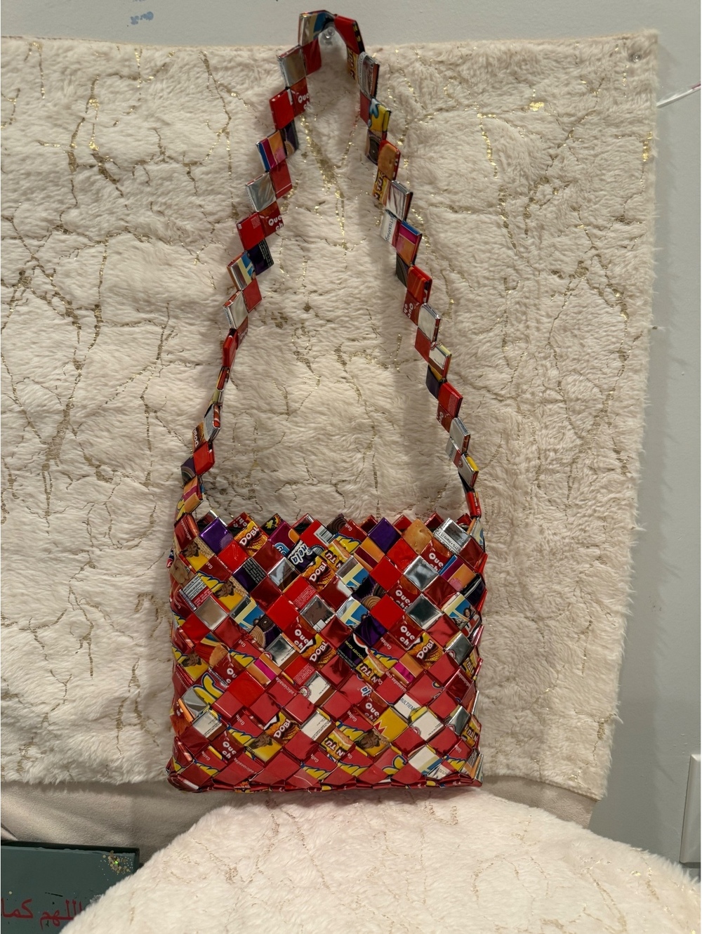Vintage Y2K Upcycled Candy Wrapper Woven Shoulder Bag Zip Closure